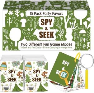 Seenelling 15 Pack Camping Party Favors Spy Party Favors with Cards Set Magnifying Glass Seek and Find Game with Nature Camping Scavenger Hunt Game Educational Games for Goodie Bag