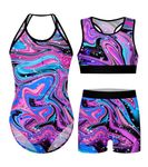 Kinberr Kids Gymnastics Leotards 3 Piece Quick Dry Gym Outfit Sparkly Purple Fluid Tumbling Athletic Bodysuits with Shorts