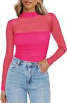 Zeagoo Women's Mock Turtle Neck Fitted Long Sleeve Tops Sheer Mesh Ruched Trendy Going Out Shirts Blouse Rose Red