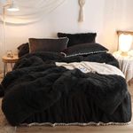 HAIHUA Luxury Plush Shaggy Duvet Cover Set, Black Comforter Cover Sets 3 Pieces(1 Faux Fur Duvet Cover +2 Pillowcases) Fluffy Black Bedding Sets,Solid Color (Black, Queen)