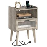 Nightstand with Charging Station, Bedside Tables Oak Grey End Table Side Table with 2 Tiers Storage Space, for Bedroom Living Room MLBZ07GE