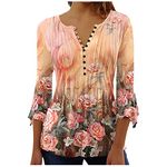 Generic Deal of The Day Prime Today only Clearance 3/4 Sleeve Shirts for Women Loose Fit Pleated Tops Floral Printed Graphic Tees V Neck Trendy Tops Cute Casual Work Blouses Orange