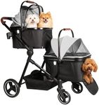 Foldable Double Pet Stroller for 2 Small Medium Cats or Dogs, Lightweight Single and Double Integrated Pet Stroller with Detachable Carriers
