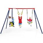 OLAKIDS 440lbs Swing Set, Outdoor 3 in 1 A-Frame Heavy Duty Metal Stand for Kids and Adults, Backyard Playground Activity Playset with Swing Seat, Glider, Trapeze Rings for Toddlers