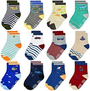 12 Pairs Toddler Non Skid Socks with Grips Anti Slip Bottom, Cotton Non Slip Ankle Crew Socks for Boys, Girls, Kids(1-7Years), 1 Dinosaur Style (12 Pairs), 5-7 Years