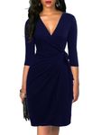 BERYDRESS Women's Classic 3/4 Sleeve V-Neck Sheath Belted Knee-Length Casual Party Work Faux Black Wrap Dress (S, 6083-Navy)