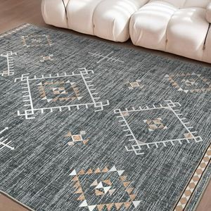 ILANGO Area Rug 5'x7' for Living Room Bedroom Washable Moroccan Boho Rugs for High Traffic Area Non Slip & Non-Shedding Rugs Fade Resistant Carpet for Kitchen Office (Grey)