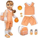 Girls Basketball Uniform Doll Clothes (8 Pc Set) - includes Basketball, Sneakers, Jersey, Shorts, Wristbands, Backpack - Handmade, Premium Outfit & Accessories- Compatible with 18" American Girl Doll