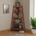 Eagle Furniture Solid Sheesham Wood Corner Ladder Shelf for Living Room, Wooden Floor Standing Corner 5 Tier Ladder Shelves, Corner Display Unit, Corner Shelf for Office, Brown