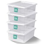 KLASS 32L Underbed Storage Boxes With Lids Set of 4, Clear Storage Boxes With Lids, Strong & BPA Free Plastic Multipurpose Storage Boxes For Home, Office (32Litre Underbed / 4Pack)