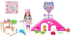 Barbie Chelsea Doll & Skate Park Playset with 2 Puppies, Skate Ramp, Scooter & 15+ Accessories, Brunette Small Doll with Blue Eyes