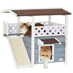 Petsfit Cat Wooden House, Waterproof House Cat Outdoor, Cat Outdoor Shelter with Cat Scratching Pad, Balcony (Grey)