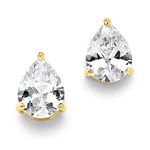 Mariell Gold Cubic Zirconia Stud Earrings, Pear Shape CZ Crystal, 2 Carat Imitation Diamond Stud Earring, Metal Gemstone, Cubic Zirconia