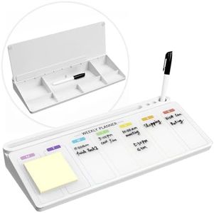 Navaris Petit Tableau Blanc Effacable - Tableau Blanc en Verre pour le Bureau - Marqueur Effacable à Sec Inclus - Portable et Facile à Monter - Espace de Rangement et Semainier