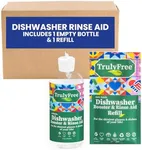 Truly Free Natural Dishwasher Booster & Rinse Aid - Non-Toxic Dishwashing Aid Formula, Removes Residue & Tough Dish Stains, Water Spot Remover - Includes: 1 Reusable Empty 12 oz Bottle & 1 Refill