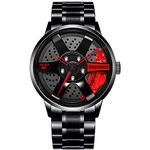 Stainless Steel Watches for Men-Waterproof Stainless Steel Japanese Quartz Wrist Watch Sports Men's Watches-Car Wheel Rim Hub Unique Design, Red, Japanese