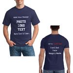 Personalised T Shirts for Men Front and Back, Custom Tee Shirts Design Your Own, Made Navy Blue Shirts with Photo/Name Text Printed for Adults Teen Boys, L