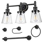 DEWENWILS Bathroom Light Fixtures, 5-Piece All-in-One Bathroom Vanity Lights Over Mirror, 3-Light Bath Wall Mount Sconce with Clear Glass Shade, Towel Bar, Ring, Robe Hook, Toilet Paper Holder