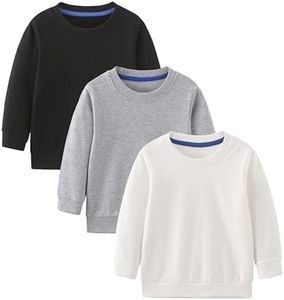 GFQLONG Toddler Boys 3 Pack Cotton Crewneck Sweatshirt, Baby Solid Long Sleeve Pullover Tops,White+Grey+Black 5-6T