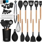 Home Hero 33 Pcs Kitchen Cooking Utensils Set, Non-Stick Silicone Cooking Kitchen Utensils Spatula Set with Holder, Wooden Handle Silicone Kitchen Gadgets Utensil Set (33 Pcs - Black)