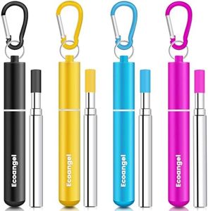 4 Pack Portable Reusable Metal Straw Collapsible Stainless Steel Drinking Straw Telescopic Straw to Drink Water Smoothie with Aluminum Key-chain Case & Cleaning Brush （Black & rose gold & blue & gold）