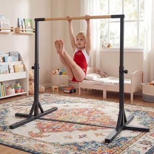 HONEY JOY Gymnastics Bar, Adjustable Horizontal Kip Bar with 85-145 CM 12-Level Height, Metal Frame Anti-Slip Base, Easy Assembly Indoor Home Gym Equipment for Kids & Teenagers Aged 3+, 65 KG Capacity