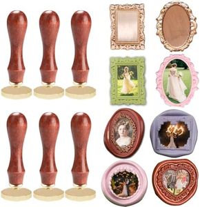 WUERLIN Frame Wax Seal Stamp Kit 6pcs Brass Wax Seal Head with Removable 6pcs Wood Handle Vintage Photo Frame Stamp Design for Wedding Invitations Sealing Letters Envelopes Diplomas Scrapbooking-Kit 1