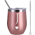 Calltoge Personalized Initial Gifts 12 Ounces Stainless Steel Wine Tumbler with Straw Brush Wedding Bridesmaid Proposal Birthday Graduation Gift for Men Women Monogrammed Mug Cup Gift (J)