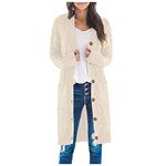 Women's Casual Long Open Front Cardigan Basic Solid Long Sleeve Chunky Cable Knit Button Sweater Outerwear with Pockets Beige