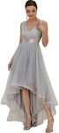 Ever-Pretty Women's Sleeveless High-Low V-Neck Tulle Sequins Long Asymmetric Evening Gowns Silver 14UK