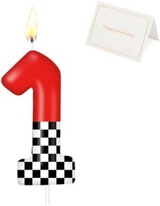 Racing Car Birthday Number Candle with Card, 2.4 inch Cake Topper for Race Car Party Decoration, White Black Checkered Number Candles for Racing-Themed Celebrations Supplies(Red,Number 1)