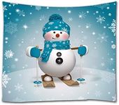 A.Monamour Christmas 3D Skiing Cartoon Snowman Wearing Blue Scarf Hat White Snow Snowflake Backgrounds Print Textile Fabric Wall Tapestry Wall Hangings Dorm Dividers Bedspread 130X153Cm/51"X60"