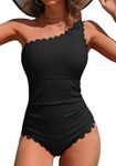 Charmo One Piece Swimsuit One Shoulder Bathing Suit for Women Ribbed Swim Suit Scalloped Slimming Elder Swimwear Full Coverage Black L