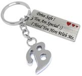 Blue Aura Emotional Valentine Drive Safe Message Keychain with Alphabet Initial, Stainless Steel Silver Keychain for Men, Women, Friends, Husband And Wife (B)