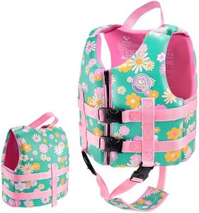 Pottwal Swim Vest for Kids - Swim Jacket for 1-3 Years (17.5-39.5LBS) - Buoyancy Aid Made of Neoprene & EPE - with Adjustable Crotch Strap - Green Flowers