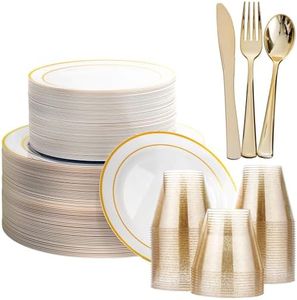 MATANA 360 Pcs Reusable White & Gold Plastic Dinnerware Set for 60 Guests - 60 Dinner & 60 Dessert Plates, 60 Cups, 180 Cutlery Set (60 Knives, 60 Forks & 60 Spoons) - for Weddings, Parties