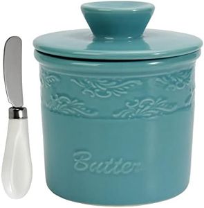 TAOUNOA Butter Dish with Lid for Countertop - Ceramic Butter Keeper with Stainless Steel Knife, French Butter Crock with Water Line Butter Holder for Counter, Light Blue