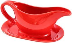 Bruntmor 11 Oz Red Ceramic Gravy Boat With Tray, 11 Ounce Small Ceramic Serving Dish, Dispenser with Tray For Sauces, Gravy Boats With Saucer For Dinner