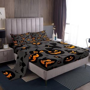 Feelyou Halloween 4 Pieces Sheet with 16 Inch Deep Pockets King Size Kids Pumpkin Bedding for Boys Girls Teens Bats Ghost Bed Sheets Set Black Gray