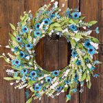 22" Blue Daisy Spring Summer Wreath with Green Leaves, Wildflower Artificial Wreath for Front Door Home Wall Wedding Farmhouse Holiday Outdoor Indoor Décor (Blue)