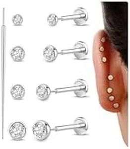 GEMQUEEN Flat Back Earrings Hypoallergenic : G23 Titanium Earring Threadless 16G Push in Cartilage Helix Tragus Conch Piercing Jewelry Small Nose Lip Labret Bezel Studs for Women Men Trendy 4 Pairs