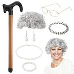 GSrenyu 7 Pcs Old Lady Fancy Dress, Old Lady Costume with Grey Granny Wig Pearl Necklace Earrings Bracelet Glasses Chain Glasses Inflatable Cane for World Book Day Masquerade Carnival