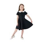 Abbyabbie.Li Girls Short Sleeve Uniform Dresses Casual Peter Pan Collar Fit and Flare Skater Dress 2-12 Years Black