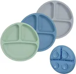 Cibeat 3pcs Toddler Plates with Suction, 100% Safe BPA Free Soft Toddler Plates Silicone Divided Plates, Portable Dinner Plates for Kids, Dishwasher, Microwave and Oven Safe (Blue+Gray+Green)