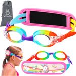 Vvinca Toddler Swim Goggles with Fabric Strap Cover, Rainbow Toddler Goggles 3-5 Year Old, Anti-Fog Clear View No Leak Girls Swimming Goggles No Tangle, Pain Free Water Pool Glasses