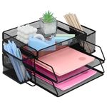 ideallife Letter Trays Stackable with Top Stationery Holder, 2-Tier Metal Desk Organizer Tray with 2 Pen Holder, Paper Filing Tray for Office Supplies - Black