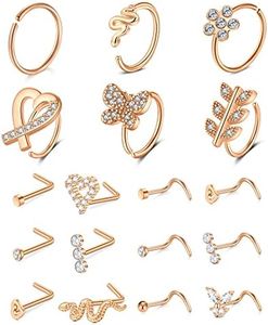 D.Bella 20G Nose Rings for Women Stainless Steel Nose Ring 20 Gauge Nose Rings Hoops Studs Flower Heart Diamond L Shaped Nose Studs Nostril Nose Piercing Jewelry for Women Men (Style W)