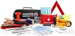 Roadside Emergency Car Kit with Jumper Cables - Car Essentials - Travel First Aid Kit, LED Flash Light, Rain Coat, Glow Stick, Safety Vest & More Ideal Emergency Kit for Car, Truck Or SUV (Large Kit)