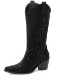 Women’s Rhinestone Cowboy Boots Mid Calf Pointed Toe Sparkly Block Heel Cowgirl Boots with Pull On Tabs