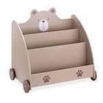 Navaris Kids Bookcase - Childrens Bookshelf with Wheels and 3 Book Storage Shelves - Childs Bookshelves for Bedroom or Play Room - Brown Bear Design